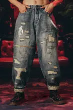 四神獣デザインのウォッシュドレッド耳デニムパンツ【中国風・秋冬用・クラッシュ加工】