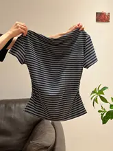 アメリカンレトロ カラーブロックストライプ オフショルダー Tシャツ【短袖・フィットデザイン】