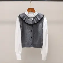 冬季復古デザインの立襟フリルニットシャツ【レイヤード風】