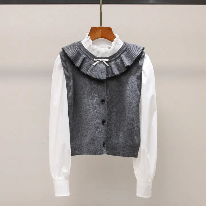 冬季復古デザインの立襟フリルニットシャツ【レイヤード風】