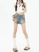 ハイウエストデニムショートパンツ【レトロスタイル・アメリカンAライン・女性用】