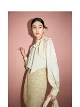 MandyZhang 長袖デザインカラーシャツ【立ち襟・スリーブ付き・秋用・イエロー】
