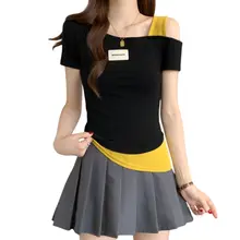 コントラストカラーのオフショルダー半袖Tシャツ【レディース・体型カバー・カジュアル】（セットアップ対応）