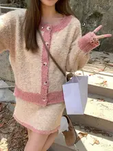 甘くて可愛い配色の毛糸カーディガンとハイウエストスカート【短丈・リブ編み】（セットアップ対応）