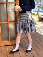 グリーンチェック柄の不規則デザイン ミニスカート【Aライン・春夏用】（セットアップ対応）