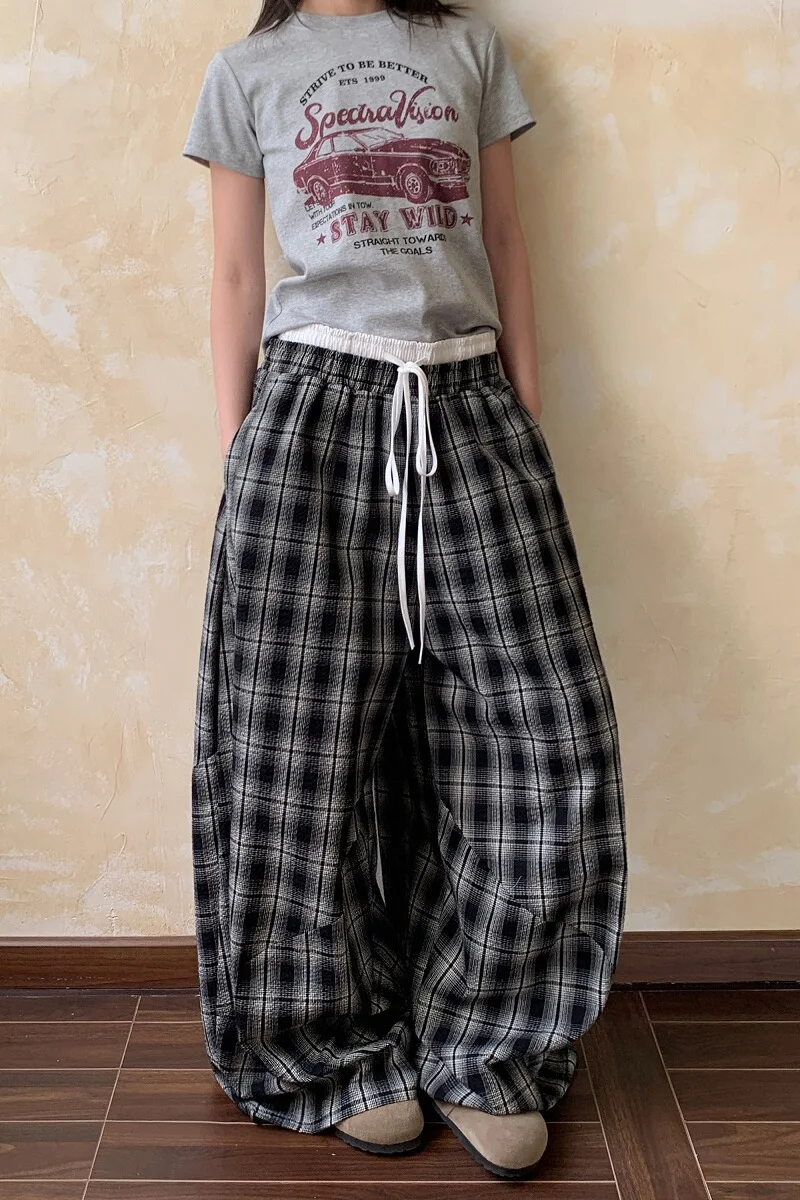 チェック柄ワイドレッグパンツ【レトロストリート・フィット・肌理感】