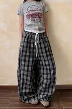 チェック柄ワイドレッグパンツ【レトロストリート・フィット・肌理感】