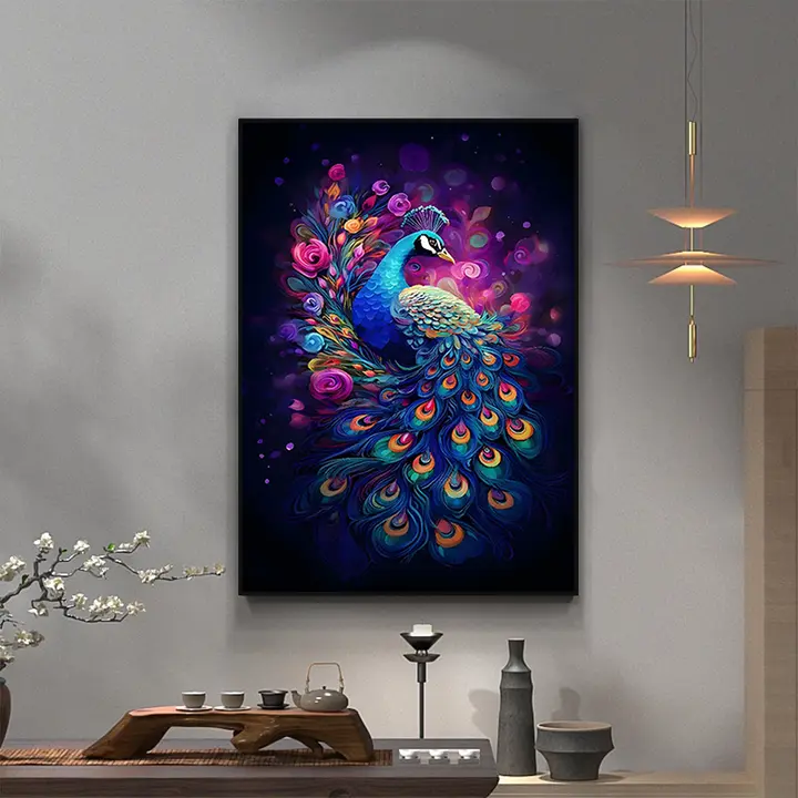 新中式デザインの孔雀壁画【入るときの玄関・リビング背景・廊下・階段用】