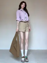 夏用カジュアルカーキデニムショートパンツ【ゆったりしたデザイン・大人っぽい雰囲気】（セットアップ対応）