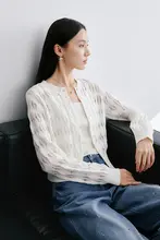 極上の柔らかさのコットン・レース編みニットカーディガン【長袖・ホワイト・シンプルデザイン】