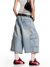 水洗加工のワークスタイルデニム七分丈パンツ【ユニセックス・アメリカンレトロ・ゆったりしたシルエット 】