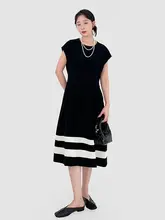 高級感あるカラー切替デザインの中長丈ワンピース【ラウンドネック・夏用】