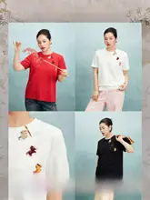 新中式デザインの馬モチーフラウンドネック半袖Tシャツ【サテン風・コントラストパネル】