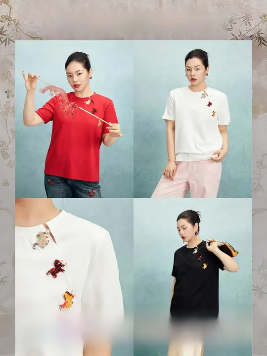 新中式デザインの馬モチーフラウンドネック半袖Tシャツ【サテン風・コントラストパネル】