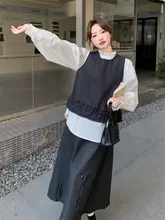 黒色 フリル付きベストとスカート【春夏用・ファッション・体型カバー】（セットアップ対応）