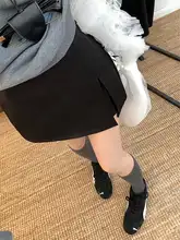 高腰デザインのグレー分岐スカート【Aライン・プレーン・黒色】（セットアップ対応）