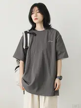 フレンチスタイルのゆったりとしたクルーネックプリントTシャツ【女性用・純色・夏用・綿100%・半袖】