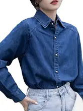レトロスタイルのダークブルーデニムシャツ【女性用・春秋用・柔らかい素材・重ね着対応】