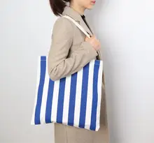 ストライプデザインのキャンバスショッピングバッグ【シンプルで清新・トート型・女性用】
