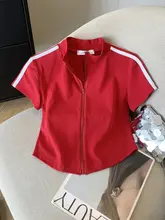 スポーティなデザイン！ジップ付き短袖Tシャツ【夏用・色分けデザイン・女性用】