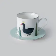 手作り陶器 コーヒーカップセット【白天鵞・景德鎮風イラスト・釉下彩】