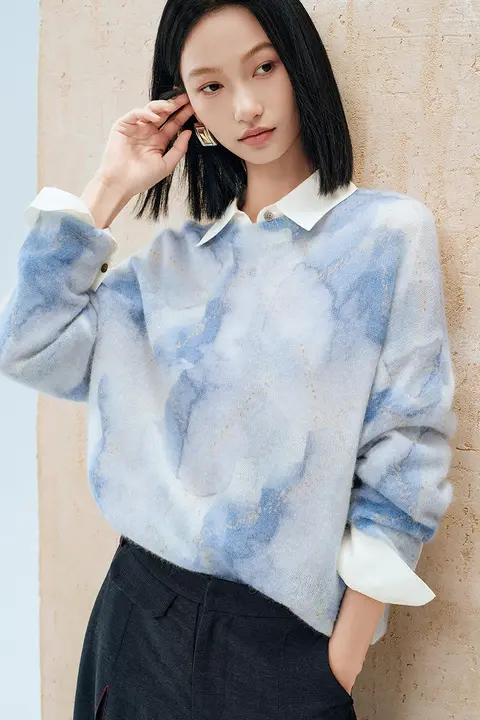 手工染めアルパカウールクルーネックニットセーター【極上の柔らかさ・女性用・多彩なデザイン】（セットアップ対応）