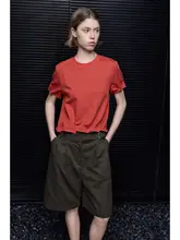 レディース カジュアルルーズTシャツ【赤・クルーネック・短袖・花びらデザイン】