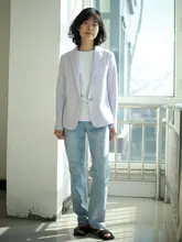 淡い紫色のノンパッドショートフィットニットジャケット【ビジネスカジュアル・女性用】