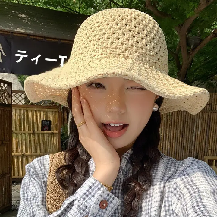 麦わらバケットハット サンハット レディース ストロー メッシュ 紫外線対策 ビーチ リゾート 夏