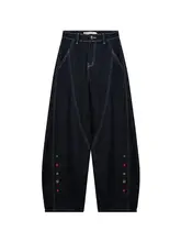 レトロデザインのカラーボタン付きワイドテーパードデニムパンツ（セットアップ対応）