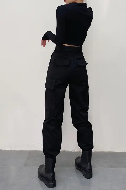 高ウエスト 黒色カジュアルジョガーパンツ【女性用・フィット感・秋冬用】