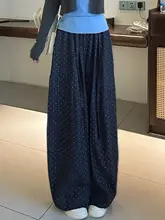 深い藍色のドット柄ワイドパンツ【ハイウエスト・春用・女性用・スリムフィット】
（セットアップ対応）