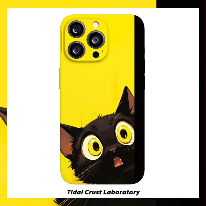 可愛い驚く黒猫デザインの二合一スマホケース【イエローフィルム・iPhoneおよび各種対応】