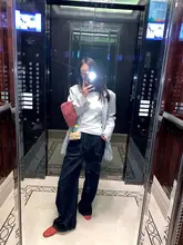 高腰ワイドデニムパンツ【春秋用・深い青色・フィット】（セットアップ対応）
