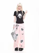 ヴィンテージチェック柄レースハートアップリケデニムパンツ【ワイドレッグ・リボン付き・ゆったりシルエット】（セットアップ対応）