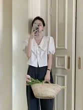 フレンチスタイル パフスリーブブラウス【子供用襟・ショートスリーブ・Vネック・ホワイト】