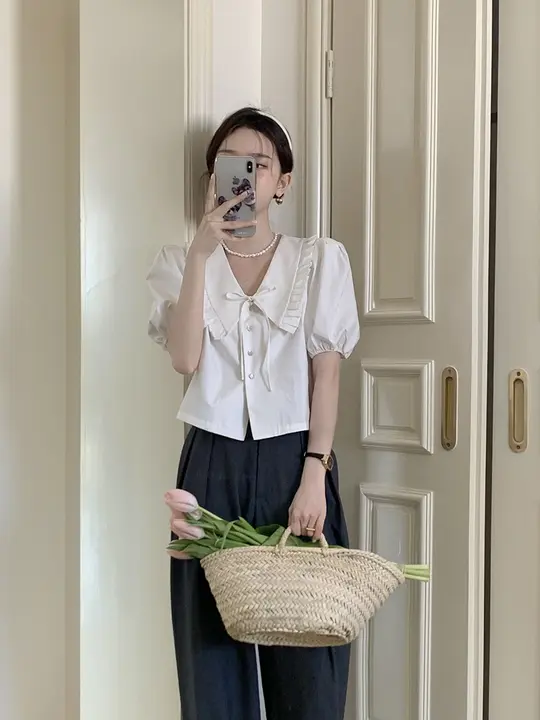 フレンチスタイル パフスリーブブラウス【子供用襟・ショートスリーブ・Vネック・ホワイト】