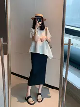 夏用スリムフィットのピンクのチュニックスカート【リブデザイン・ハイウエスト・スリット入り】