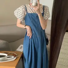 夏用ドット柄パフスリーブブラウス【ラウンドネック】とウエストマークデニムドレス【スクエアネック・シルエットを美しくするデザイン】（セットアップ対応）