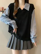 ルーズフィット ニットストライプシャツ【秋用・短丈・大きいサイズ・二重デザイン】（セットアップ対応）