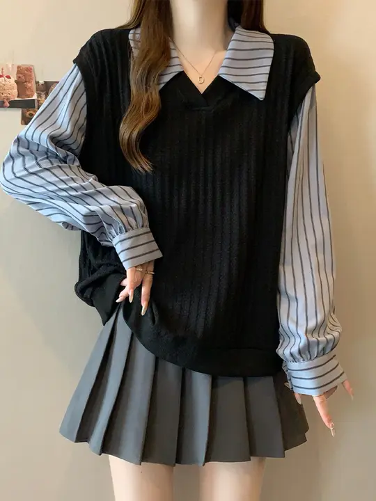 ルーズフィット ニットストライプシャツ【秋用・短丈・大きいサイズ・二重デザイン】（セットアップ対応）