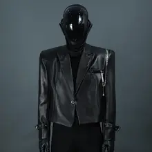黒の金属チェーン付きパッド肩男子ジャケット【PUレザー・スタイリッシュショート】