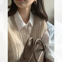 レディース 春秋用 レースニットベスト【Vネック・ゆったりしたシルエット・レトロスタイル】