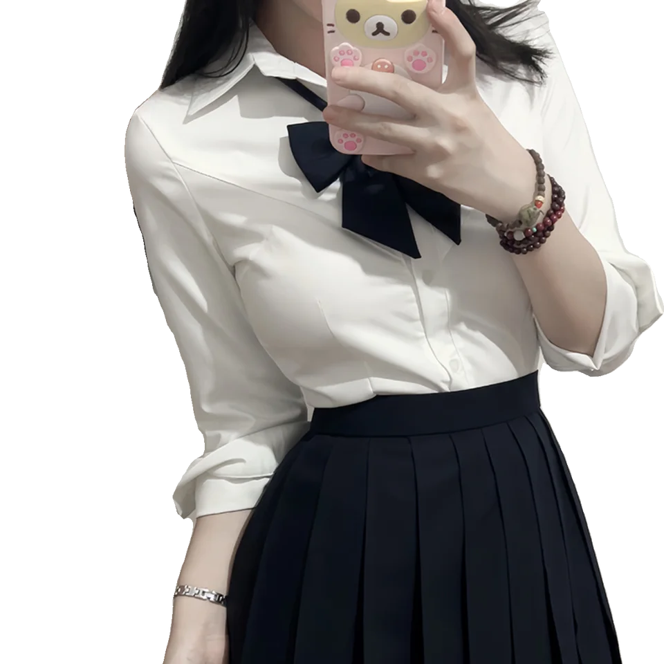 白衬衫の女性用JKスタイル長袖トップス【ウエスト絞り・スリム効果・制服タイプ・多用途】（セットアップ対応）