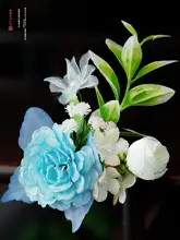 古風漢服用ヘッドアクセサリー【シルクフラワー・ブルーの蝶と花・サイドクリップ】