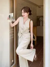 2点セット レディース ベスト ワイドパンツ 韓国風 ハンドメイドボタン おしゃれ きれいめ 上品 知的 夏