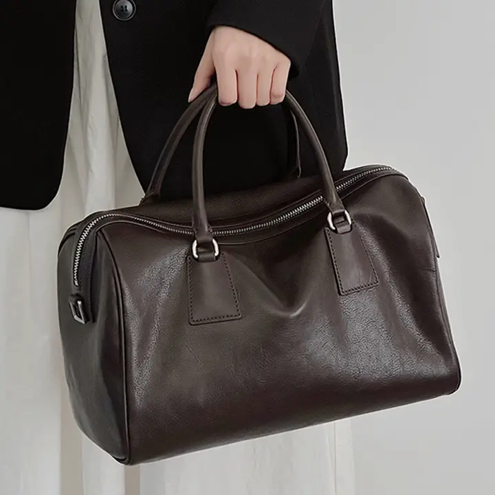 ボストン型 植鞣牛皮ハンドバッグ【ショルダー・斜め掛け・通勤用】