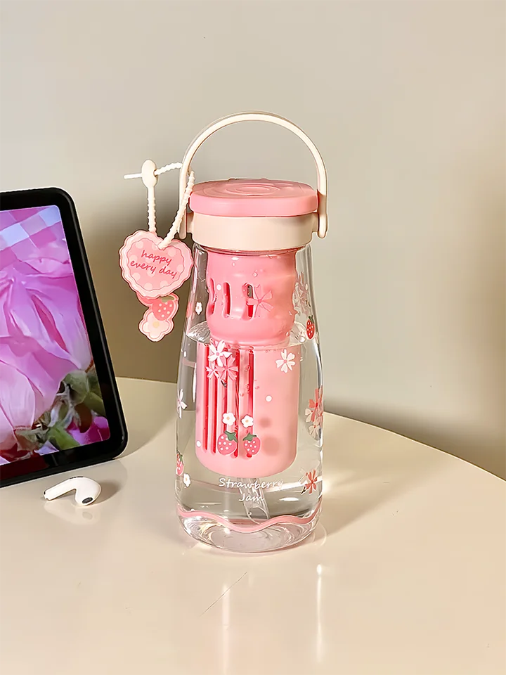 可愛いデザインの食品グレード高硼珪酸ガラス製タンブラー【ストロー付き・持ち運び便利・茶水分離型】