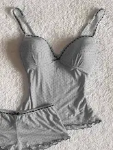 淫靡なドット柄キャミソールとショートパンツのルームウェア【グレー・木耳辺付き・女性用】（セットアップ対応）