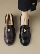 秋冬用 ローファー【一体型デザイン・加熱起毛・低ヒール・羊革使用】